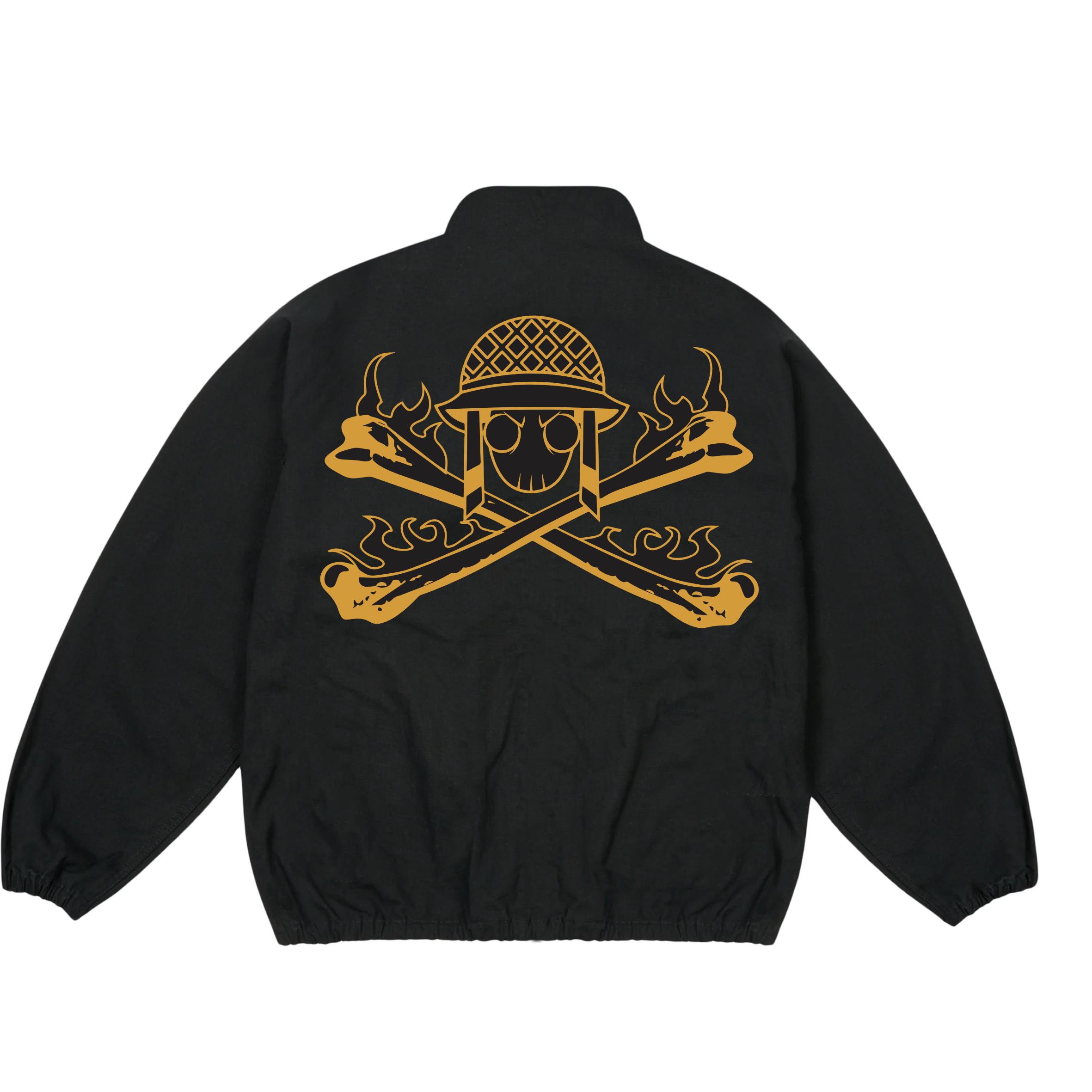 Tracksuit jackets for men featuring a bold golden skull and crossbones design on a stylish black background.
