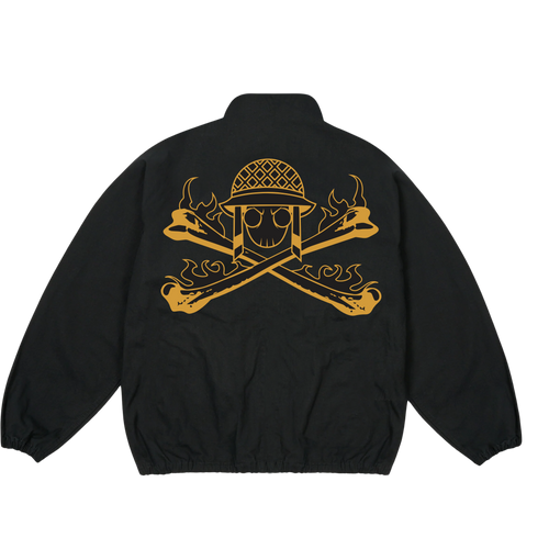 Tracksuit jackets for men featuring a bold golden skull and crossbones design on a stylish black background.