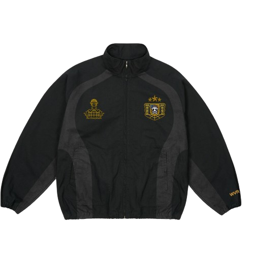 Stylish black tracksuit jacket with embroidered logos, perfect for sports and casual wear, featuring comfort and durability.